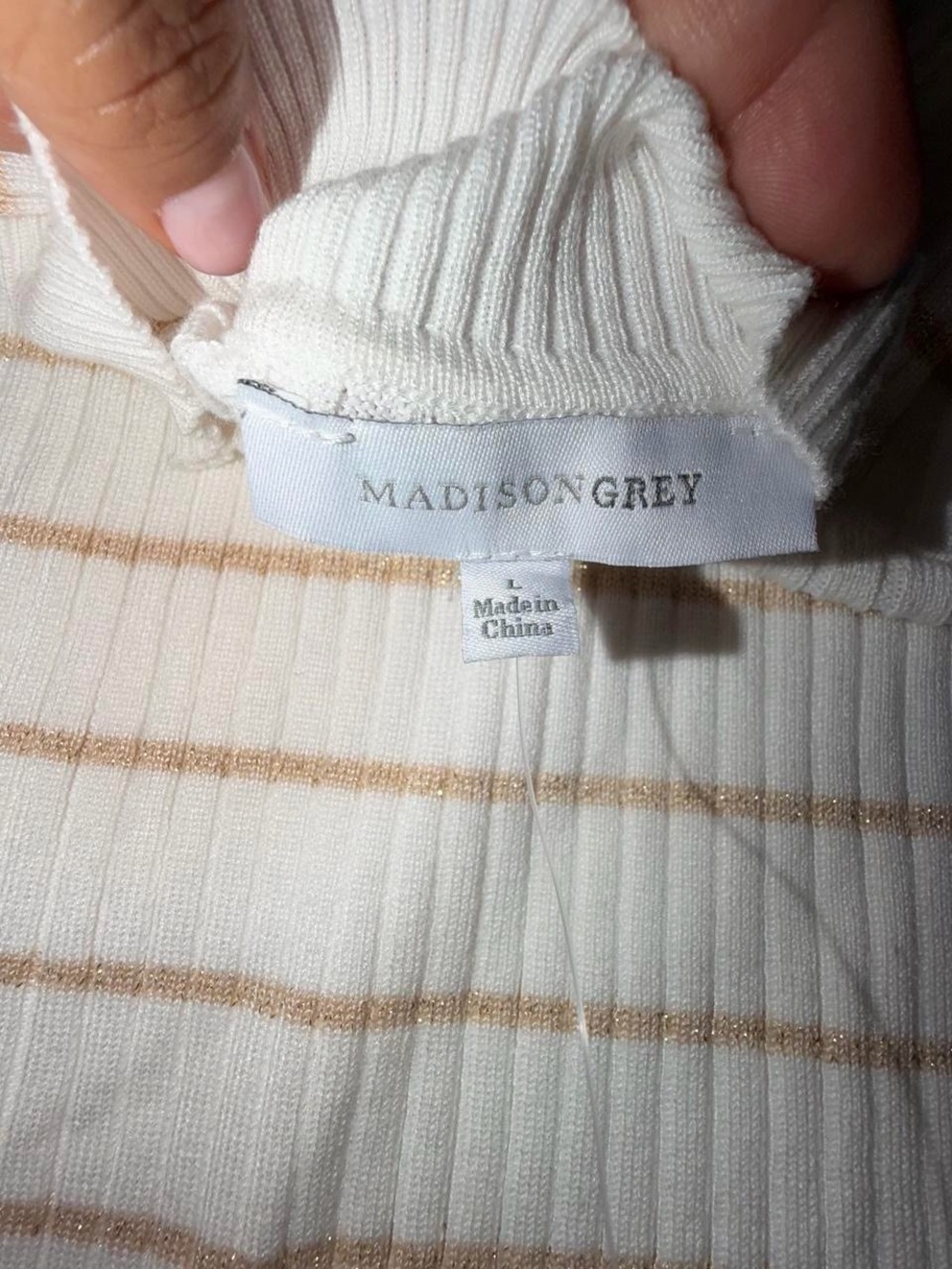 NWT Madison Gray Women’s Cream Ribbed Mock Neck Sweater with Subtle Gold Stripe - Picture 6 of 7